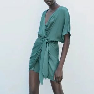 Zara satine effect wrap dress blue green color size medium NWT